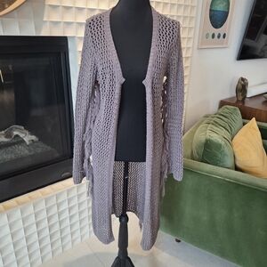 BKE Gray Knit Crochet Fringe Boho Open Knit Cardigan Duster, Size Small